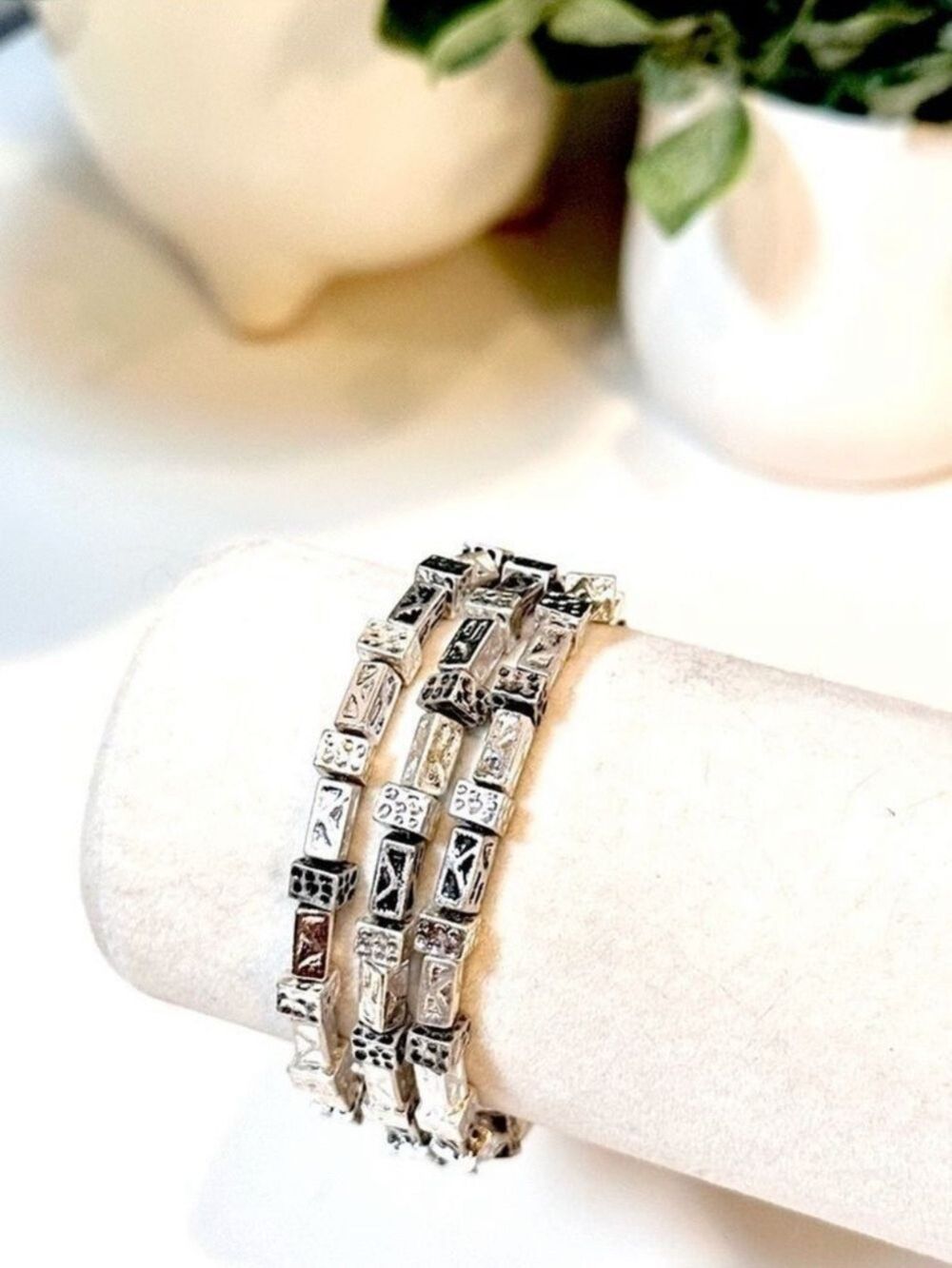 CHICO’s Ethnic Rectangle Engraved Bead Triple Strand Elastic Bracelet NW…